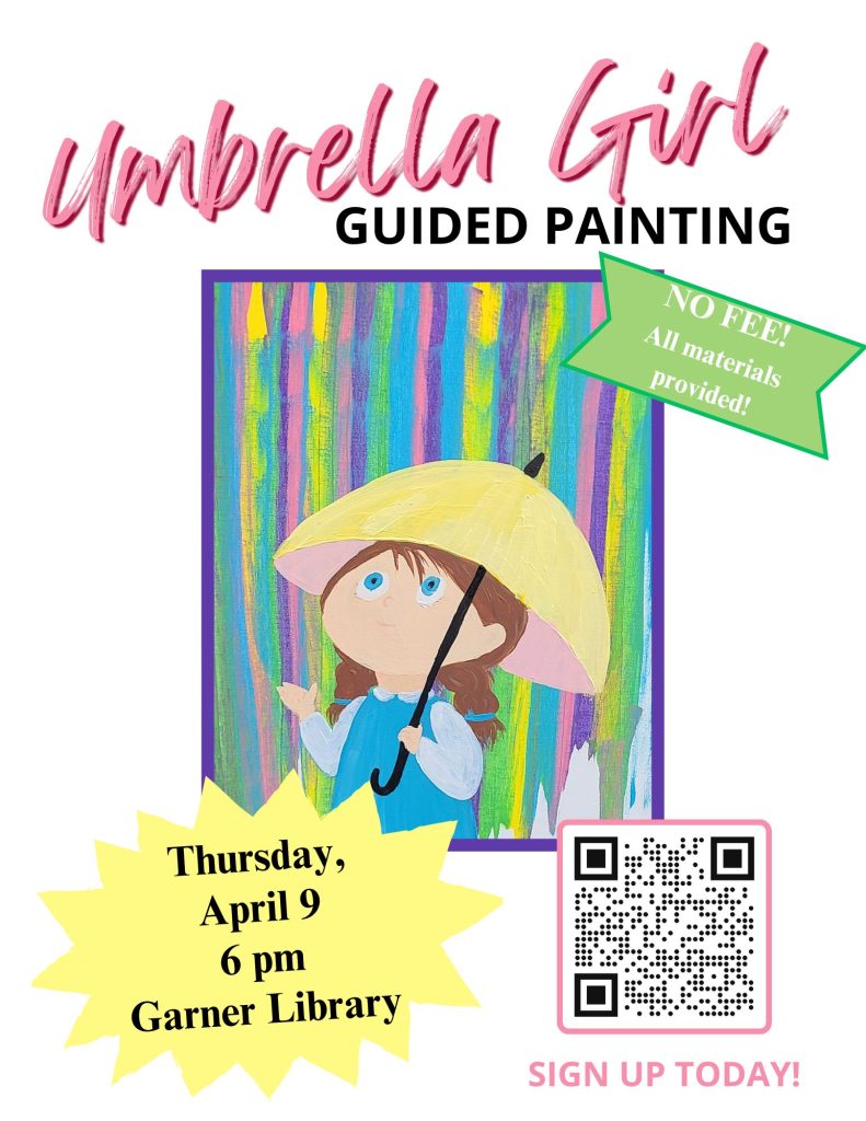 Guided Painting class for picture titled Umbrella Girl Thursday April 9 at 6 pm.