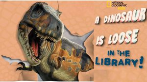 Dinosaur tearing through a wall - A dinosaur is loose in the Library - with author Kelly Krull Monday July 6 @ 4:30pm.